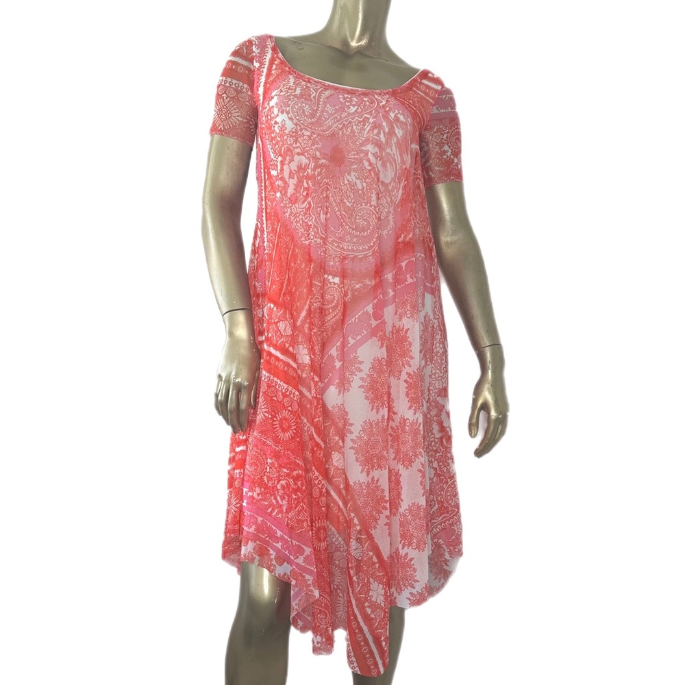 FUZZI FLORAL/PAISLEY PRINT SHEER NYLON HANDKERCHIEF HEM KNEE LENGTH DRESS